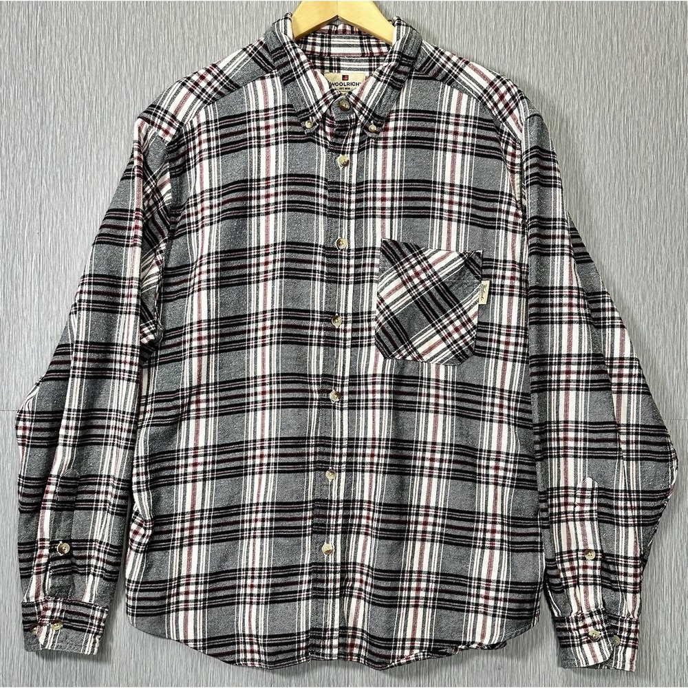 Woolrich Flannel Shirt Mens XL Long Sleeve Plaid  Red Grey Black White Button Up
